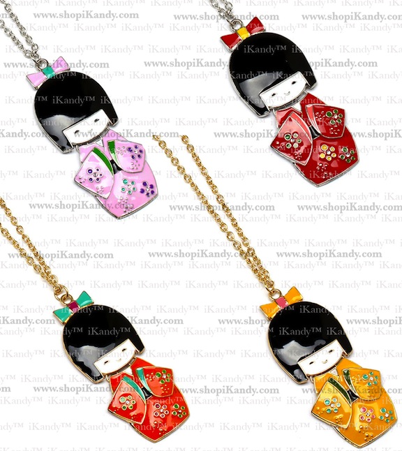 Kokeshi Kimono Girl w/Bow Necklace