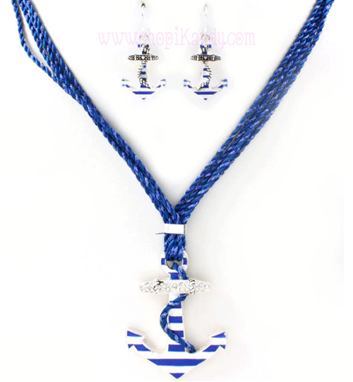 Nautical Theme Anchor Cord Necklace and Earring Set