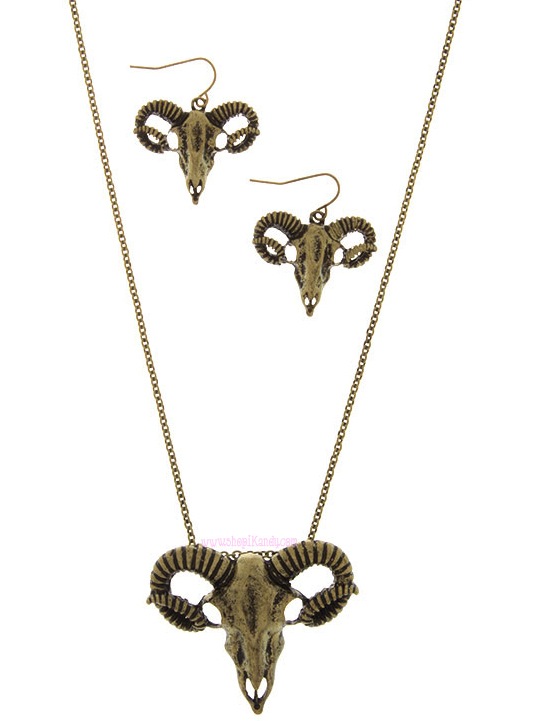 Antique Ram Animal Skull Necklace & Earring Set