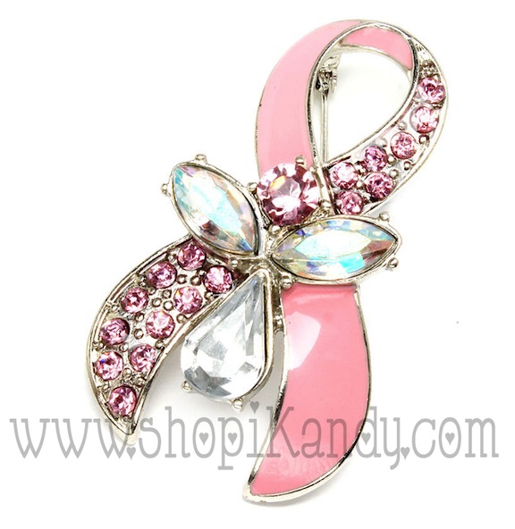 Breast Cancer Rhinestone Awareness Ribbon w/Angel Brooch & Pin