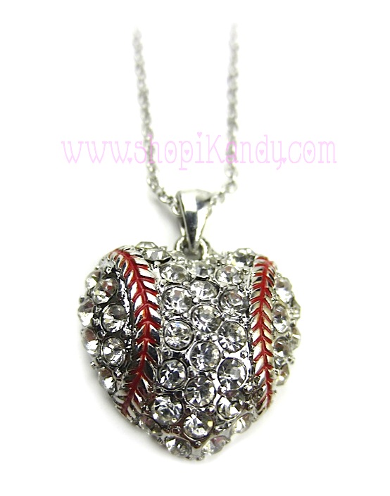 Baseball Heart Bling Necklace Pendant