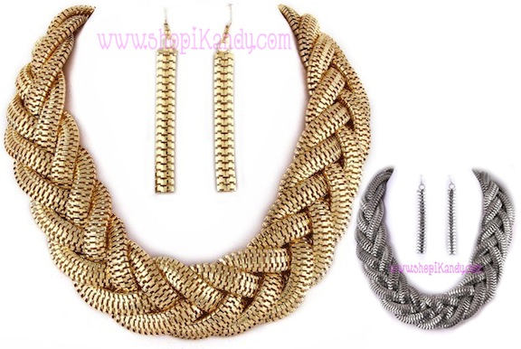 Oversized Braided Zipper Necklace & Earring Set