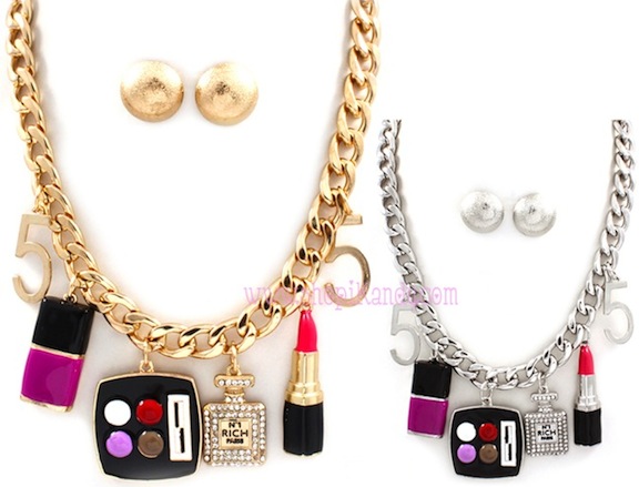 Cosmetology Makeup Charm Necklace & Earring Set