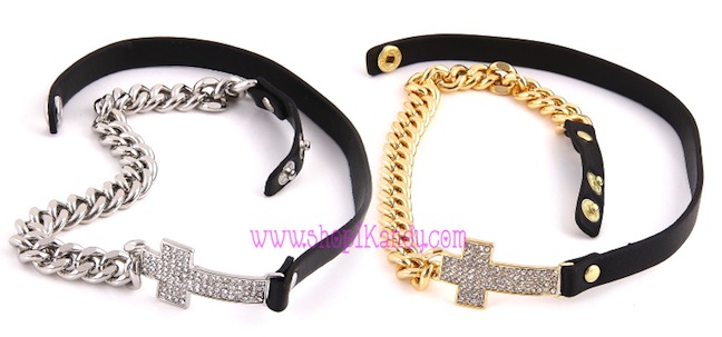 Black Leatherette Cross Chain Wrap Bracelet