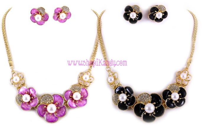 Flower and Rhinestones Necklace & Earring Set