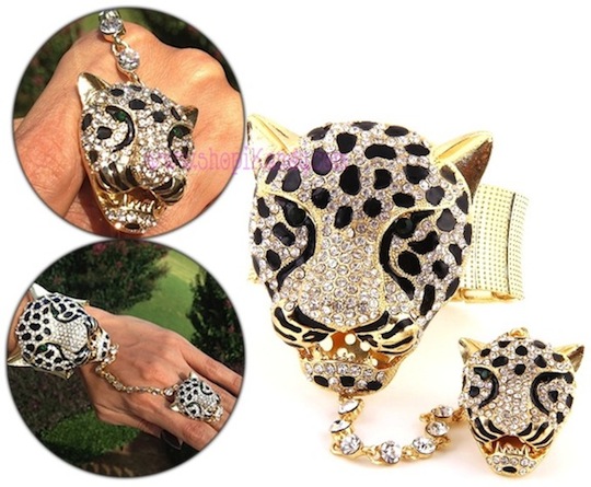 Rhinestone Covered Leopard Head Bracelet w/Ring