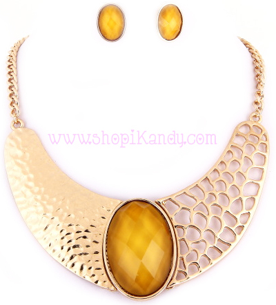 Golden Hammered Bib Necklace & Earring Set