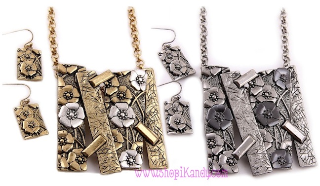 Metal Bar Flower Necklace & Earring Set