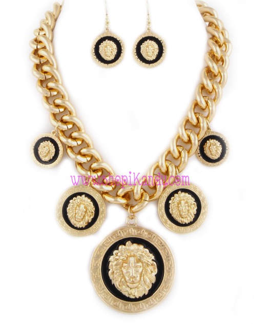 Chunky Multi Lion Charm Emblem Necklace & Earring Set