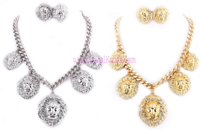 Multi Lion Head Pendant Necklace & Earring Set