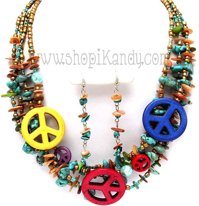 Three Peace Signs Bead Necklace Set