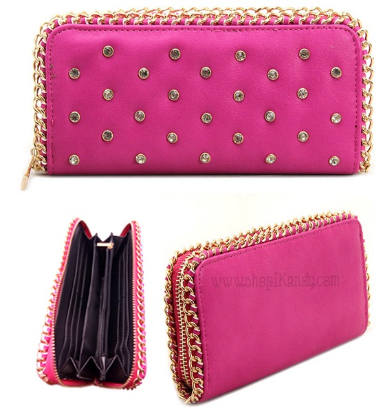 Pink Chain Studded Zipper Wallet