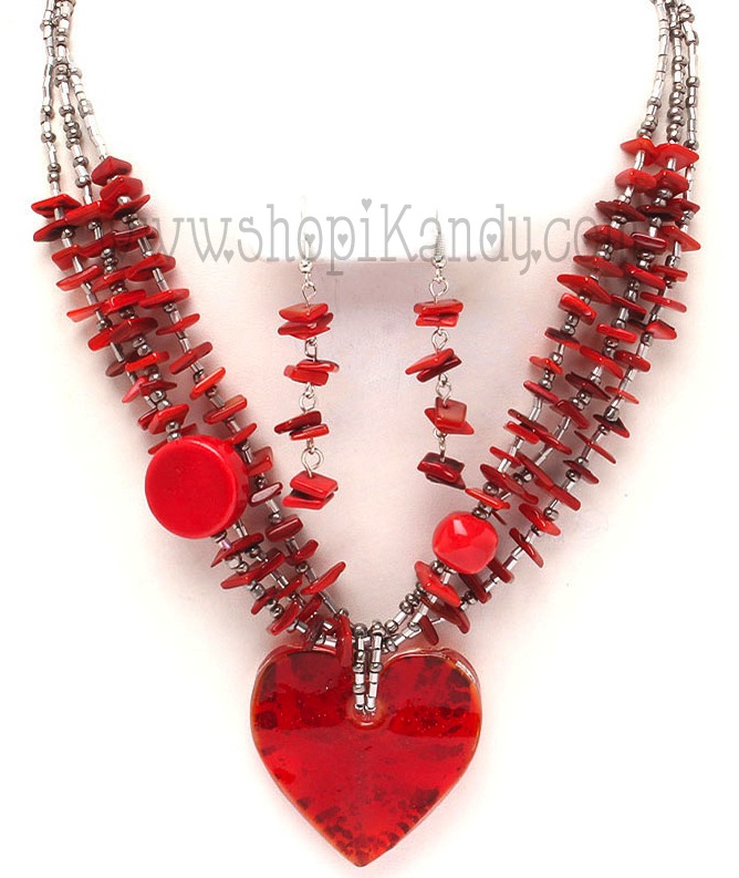 Heart Glass Bead Necklace Set