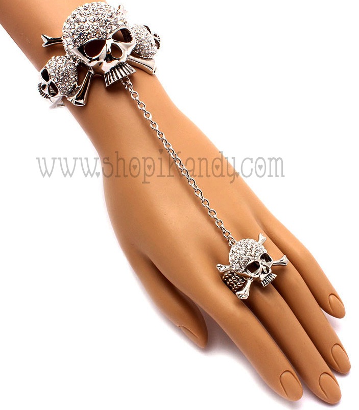 Rhinestone Skull & Crossbones Ringlet (Bracelet w/Ring)