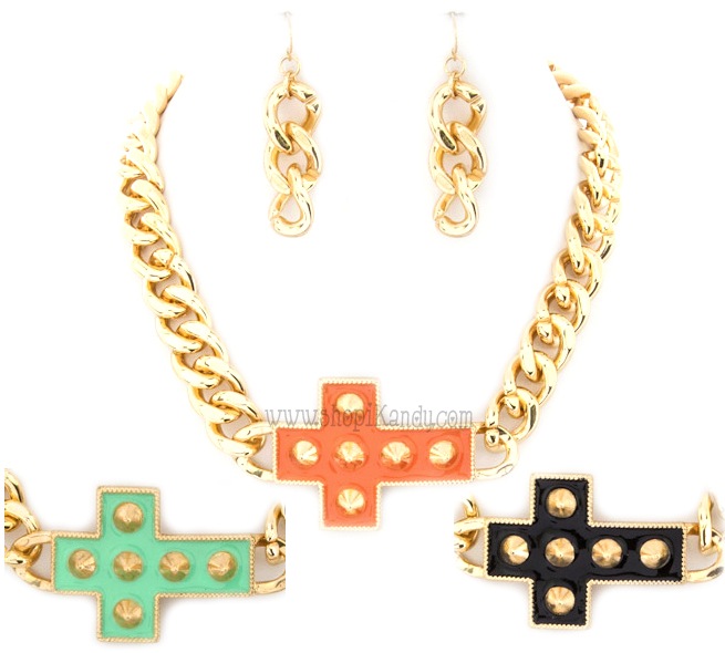 Spike Cross Chain Necklace & Earring Set