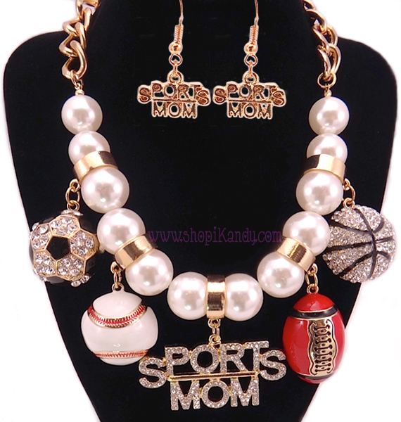 Deluxe SPORTS MOM Bling Charm Necklace Set