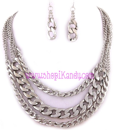 Thick Three Layered Chain Necklace & Earring Set