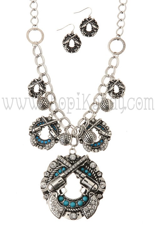 Chunky Double Guns Charm Necklace & Earrings Set